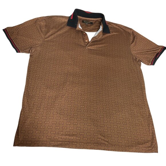 Designer-Inspired Pavini Brown Polo Shirt With Monogram Pattern & Contrast Colla - Picture 1 of 8